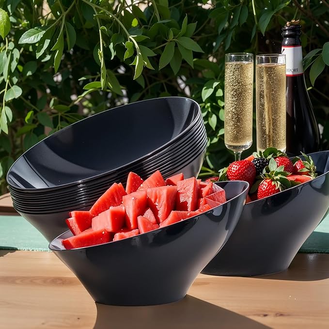 bUCLA 12 Pack Black Plastic Serving Bowls - 54 OZ Angled Bowls Disposable for Chip&Candy - Party Table Salad and Fruit for Party, Wedding & Halloween