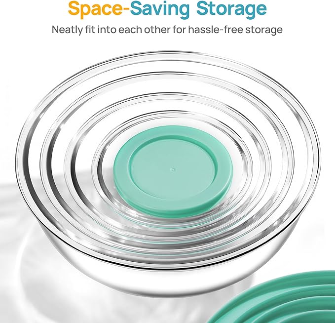 Vtopmart 5 Pack Glass Mixing Bowls with Plastic Lids Set (3.75/2.1/1.1/0.5/0.2 QT), Salad Bowl Set, Nesting Kitchen Bowls for Serving, Prepping, Cooking and Baking, Dishwasher & Microwavable Safe