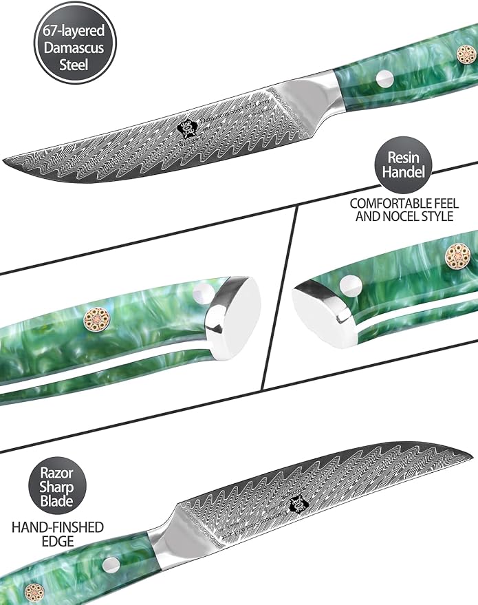 WILDMOK Steak Knives, 5 inch Non Serrated Steak Knife Set of 4, Japanese Damascus VG10 Steel Steak Knives, Dishwasher Safe Steak Knives, Premium Steak Knives Set with Gift Box