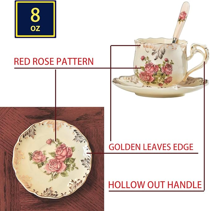 YOLIFE Ivory Pink Rose Tea Cups and Saucers Set of 6, 8 oz Vintage Floral Porcelain Tea Cups Set, Coffee Cups with Golden Rack