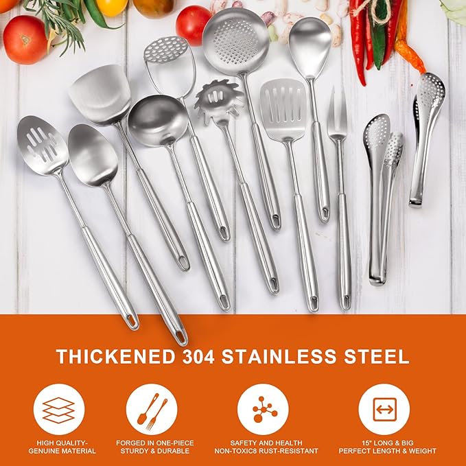 18/10 Stainless Steel Kitchen Utensils Set, 304 Stainless Steel Utensil, 12 PCS Large Metal Cooking Utensil Tools Set