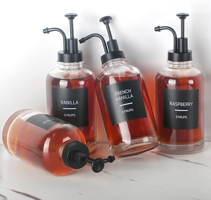 4PCS Coffee Syrup Dispenser, Glass Syrup Dispenser for Coffee Bar w. Labels and Pump, 16.9 oz 500ml Syrup Pump Dispenser, Coffee Bar Accessories Simple Syrup Bottle w. Pump, Ideal Gift