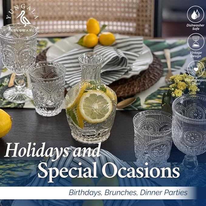 Yungala Vintage Wine Glasses,Set of 6 Glass Goblets for Water, Wine or Cocktails - Fancy Wine Glasses with a retro vibe. Sunflower Embossed Design on sturdy dishwasher-safe glasses.