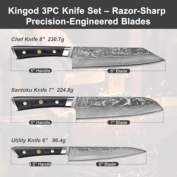 KINGOD 3 PCS Damascus Kitchen Knife Set, Japanese Steel VG10 Core High Carbon Professional Ultra-Sharp Chef Knife Set with Rosewood Handle Gift Box