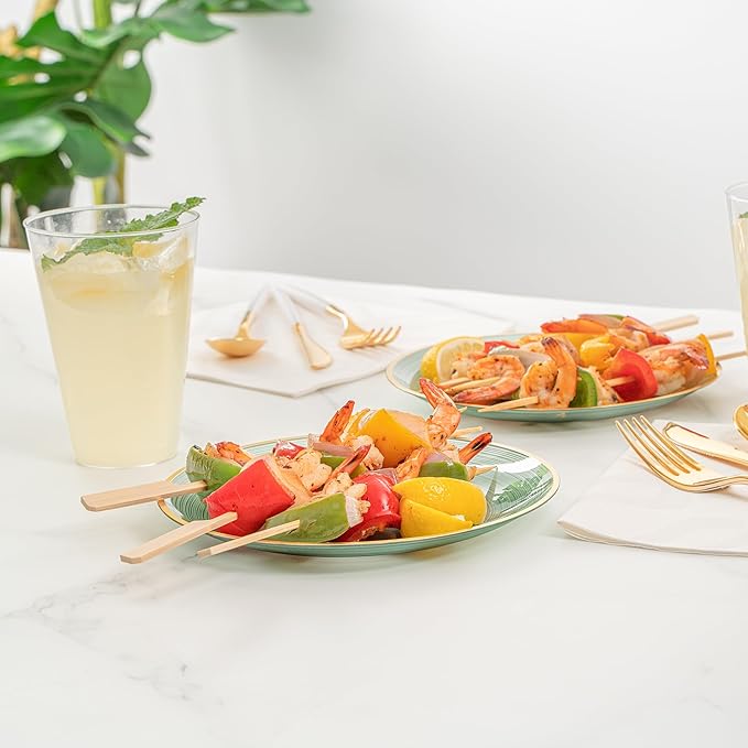 Restaurantware Plastic Plates 100 Pcs 7.25" Gold Rimmed Disposable Plates Heavy-Duty Green Translucent Rippled Plastic Dinner Servers for Party, Weddings, Salads, Desserts, and Appetizers