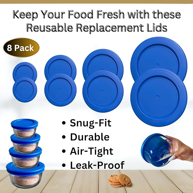1, 2, 4 & 7 Cup Blue Replacement Lids/Covers for Pyrex, Anchor Hocking & KlareWare Storage Bowls *Lids Only Glass Container Not Included* (8 Pack *Two of Each Size*)