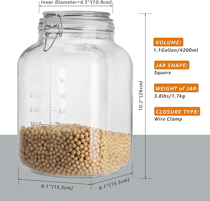 2 Pack 1.1 Gallon Square Super Wide Mouth, Airtight Glass Storage Jars, with Measurement Marks, Leak-Proof Lids for Kitchen Pantry, Canning, Dry Food (Flour, Sugar) & Drinks