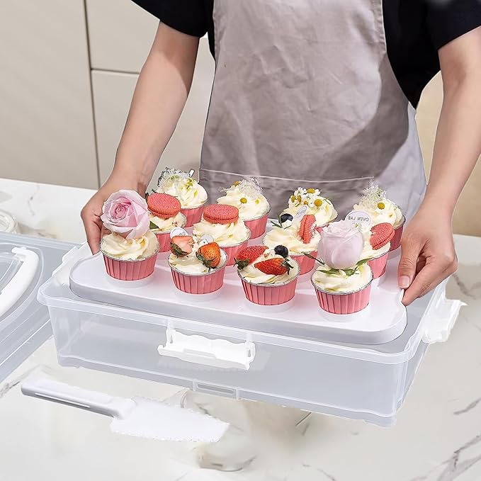 Plastic Cake and Cupcake Carrier Holder,Portable Stackable Cupcake Dessert Storage Container for Full Size 14x9 Cake Box Or 12 Count Cupcake Tray