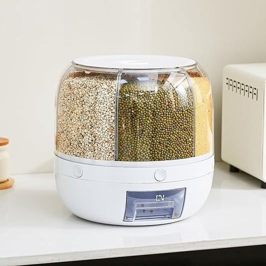 Rice Dispenser | 360° Rotating Grain Storage Bin - 6 Grids, 20LBS Large Capacity Food Container, Moisture-Proof, One-Click Output for Rice, Beans & Pet Food - Kitchen Pantry Organizer