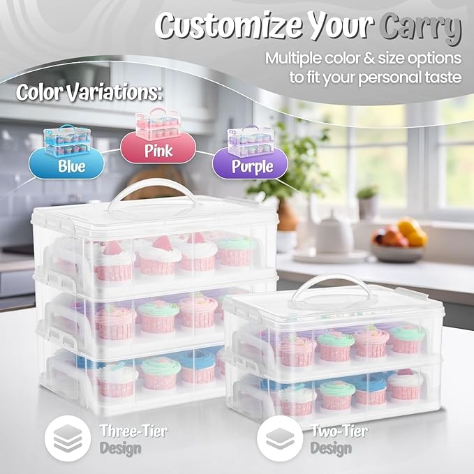 Flexzion 36 Cupcake Carrier 3 Tier Stackable Storage Container Collapsible Cake Carrier with Lid and Handle, Reusable Rectangular Plastic Dessert Travel Container, Display Holder Transport Box (Clear)
