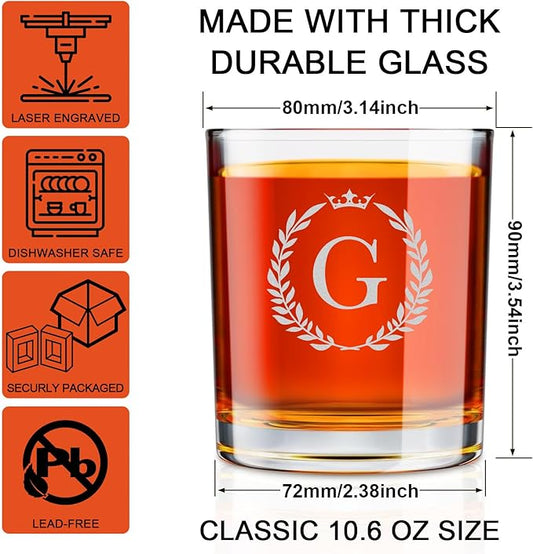 Personalized Whiskey Glasses Gifts for Men, Monogrammed Engraved A-Z 10.6 oz Rocks Glass Customized Gift, Unique Christmas Birthday Gifts for Men Him Dad Husband Brother Son (G)