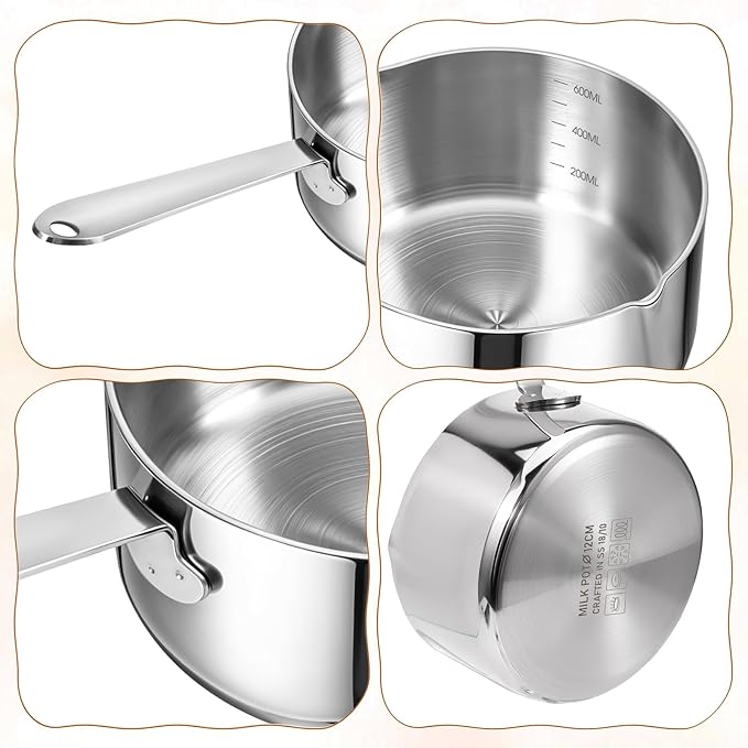 Stainless Steel Butter Warmer Measuring Pan 20 OZ Small Sauce Pan 18/10 Tri-Ply Stainless Steel Saucepan with Dual Pour Spouts, 0.63 Quart