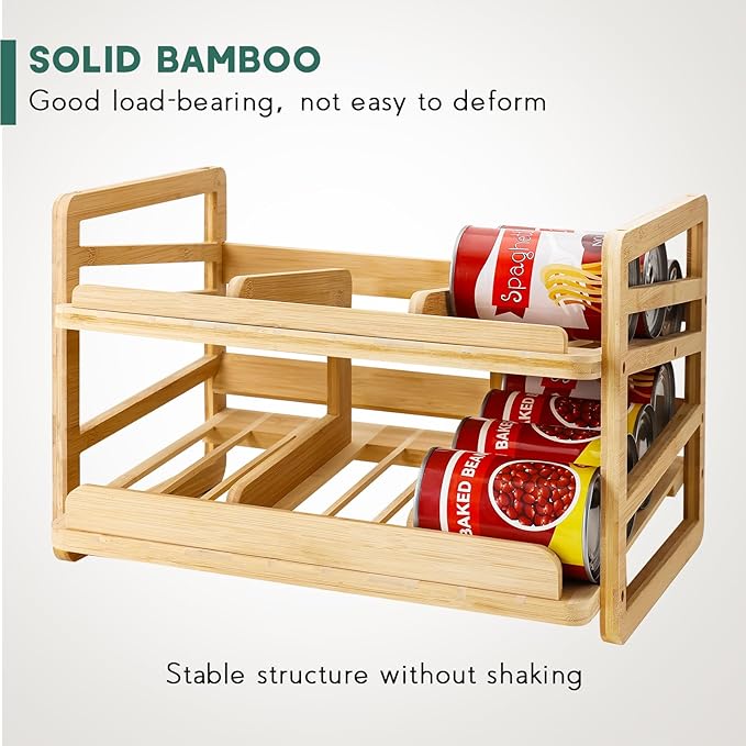 Rolling Bamboo Can Organizer Rack, Stackable Double-Layer Can Organizers and Storage For Pantry, Canned Goods Holder Dispenser For Countertop Kitchen Cabinet or Pantry Shelf