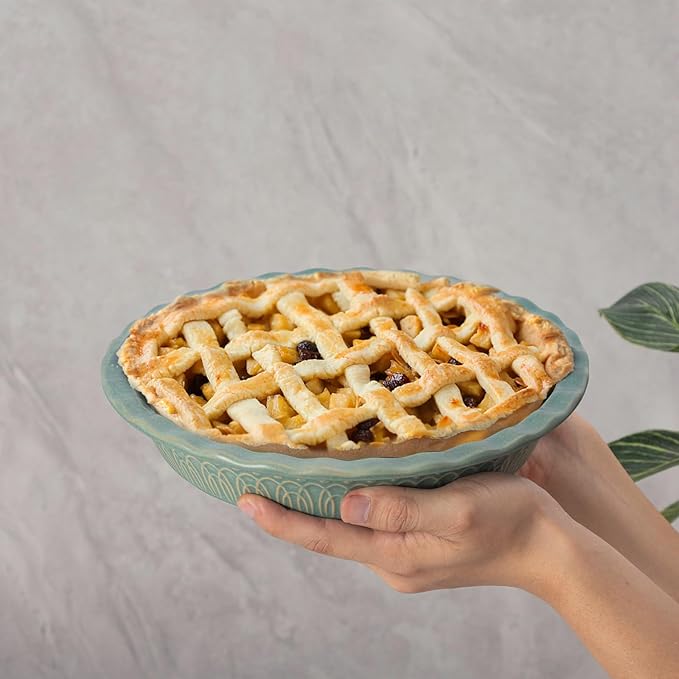 Fun Elements Ceramic Pie Pan, 9 Inch Pie Dish for Baking, Ruffled Pie Plate, Non-Stick Deep Dish Pie Pan for Apple Pie and Pot Pie, Thanksgiving Christmas Gifts, Set of 2, Green