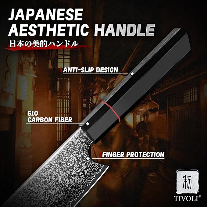 TIVOLI Damascus Nakiri Knife, Hand-ground Sharp Edge Meat Cleaver Kitchen Knives with 67-Layer Hand-Forged VG10 High Carbon Steel for Chopping Vegetable, Octagonal Handle,GIft for Dad,Mom