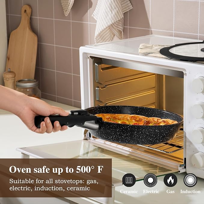 20 Pcs Pots and Pans Set Non Stick, Stackable Cookware Sets with Detachable Handle, Granite Induction RV Kitchen Portable Cooking Set Removable Handles, Dishwasher & Oven Safe, Black