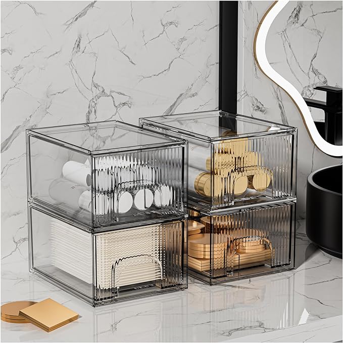 ZHIAI 4 Pack Clear Stackable Storage Drawer, Acrylic Drawer, Cosmetic Organizer, Plastic Organizer for Dresser, Under, Kitchen Cabinet, Pantry, Home Organization and Storage
