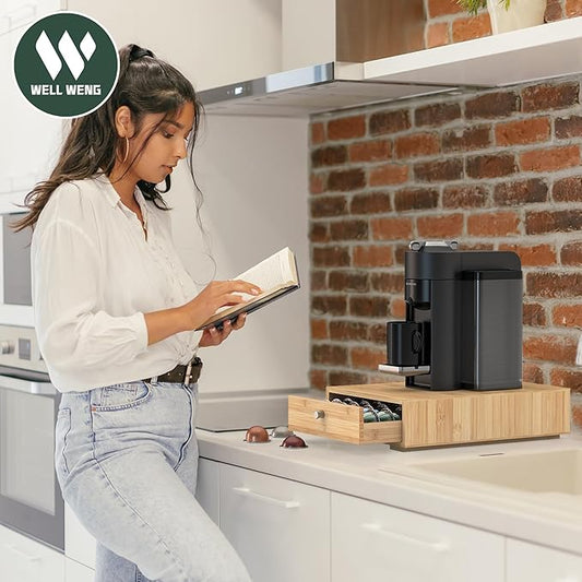 for Nespresso Vertuo Capsules (NV140) - Premium Bamboo Coffee Pod Drawer, 40 Big or 52 Small Vertuoline Pods Organizer Holder - 10.8"Wx15.6"Dx3.9"H (Natural)