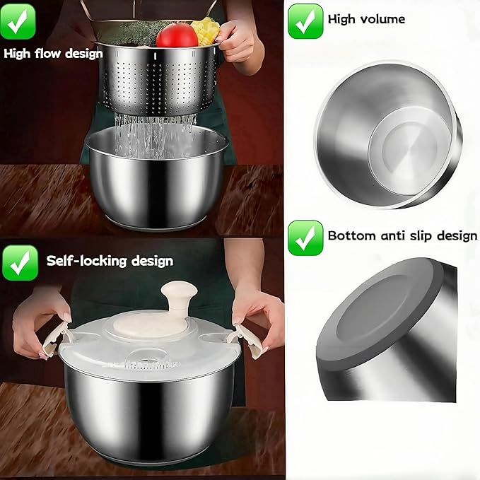 6L Stainless Steel Salad Lettuce Spinner, Fruit Vegetable Cleaner Vegetable Washer Spinner Quick Spin for Household Vegetables and Pasta Fries Spinner Essential Kitchen Utensils spinners (B)