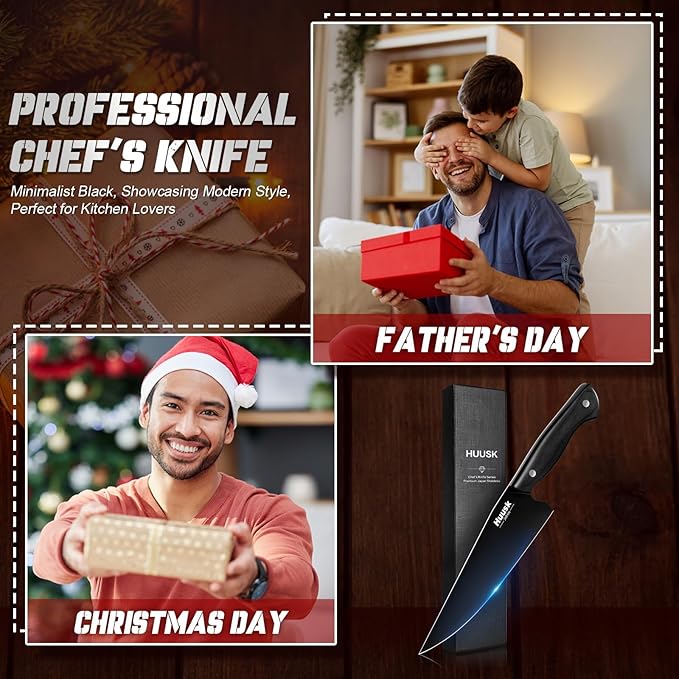 Huusk Japanese Chef Knife for Kitchen - 8in Stainless Kitchen Knife with Black Titanium Coating, All Purpose Cooking Knives for Vegetable & Meat Cutting, Ultra Sharp Gyuto Knives, Fathers' Day Gifts