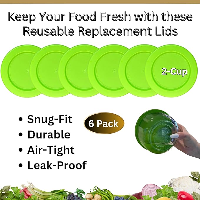 2 Cup/470 mL Spring Green Replacement Lids/Covers for Pyrex 7200-PC, 2 Cup/16oz Anchor Hocking & Klare Ware Storage Bowls *Lids Only* - *Glass Container Not Included* (6 Pack, Spring Green)