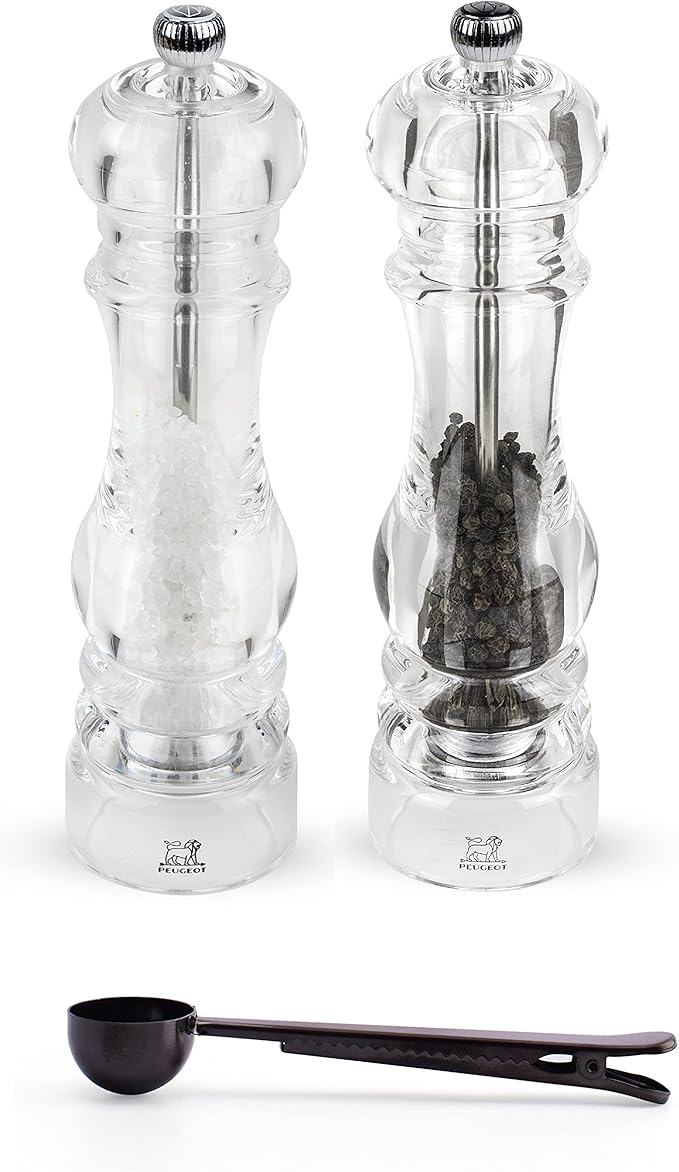 Peugeot Nancy Inch Salt & Pepper Mill Gift Set, Acrylic - With Stainless Steel Spice Scoop/Bag Clip (8.75 Inch)