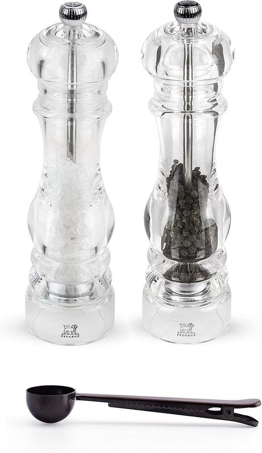 Peugeot Nancy Inch Salt & Pepper Mill Gift Set, Acrylic - With Stainless Steel Spice Scoop/Bag Clip (8.75 Inch)