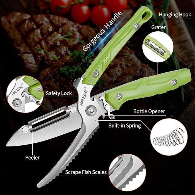 HANSHI Kitchen Shears Heavy Duty Kitchen Scissors with Magnetic Holder, Detachable Multifunctional Poultry Shears for Chicken, Meat, Fish, Turkey, Vegetable,Bone,Gift Box Included (Gray)