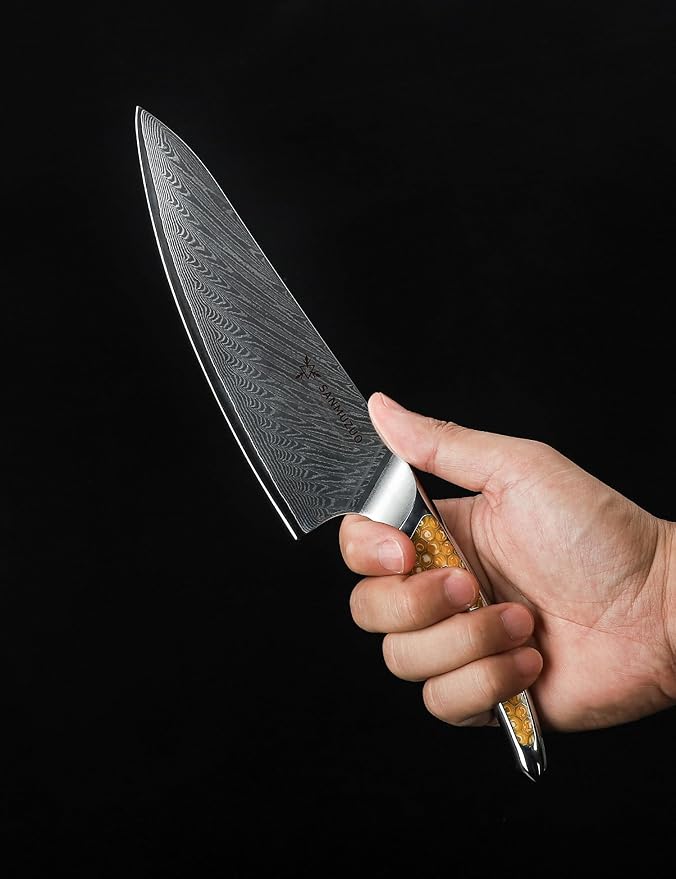 8 inch Chef Knife, Japanese VG-10 Damascus Steel Kitchen Knife, Ultra Sharp Cooking Knife with Full-tang Handle in Yellow Resin, LA-S9 Series
