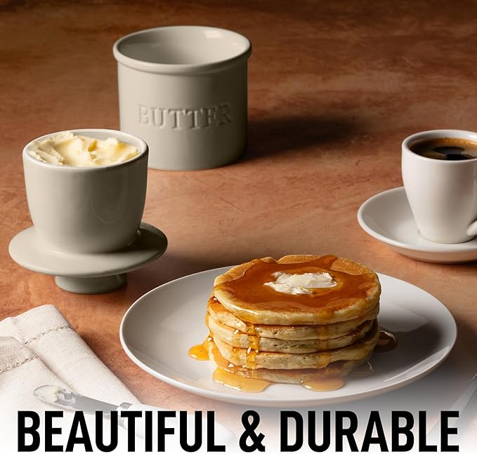 Zulay Kitchen Butter Crock With Lid & Spreader Knife for Countertop - Ceramic French Butter Dish Keeper For Fresh & Spreadable Butter - Stone Gray