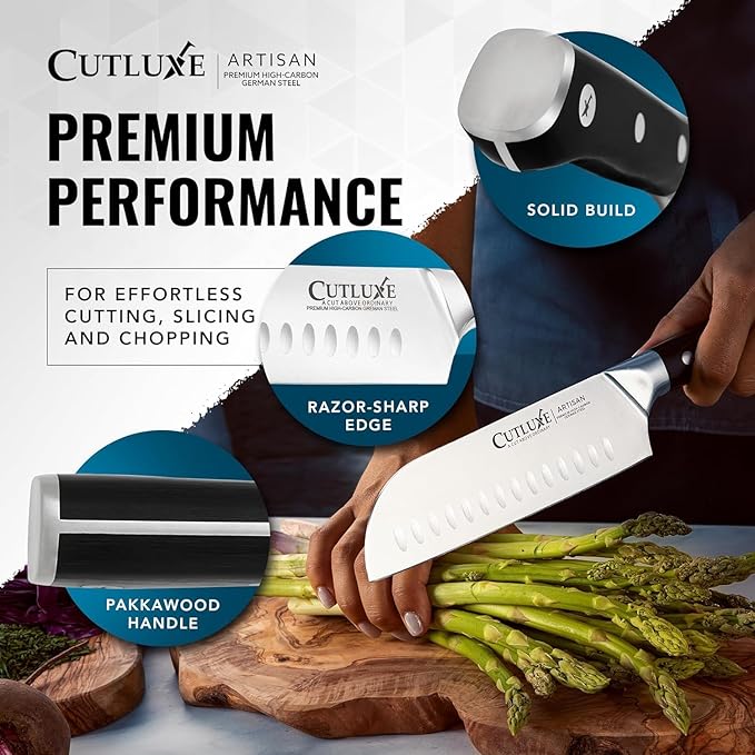 Cutluxe Santoku Knife – 7" Chopping Knife, Vegetable Knife – Forged High Carbon German Steel – Sheath Included – Full Tang & Razor Sharp – Ergonomic Handle Design – Artisan Series