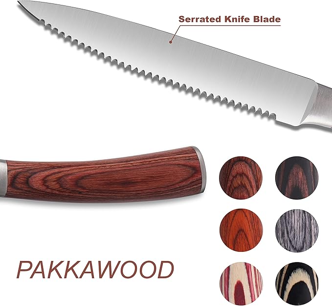 Serrated Steak Knives Set of 8, Stainless Steel Steak Knife Set with Pakkawood Handle, Fine Sharp Edge Dinner Knife with Gift Box, Steak Cutlery Set for Home Party