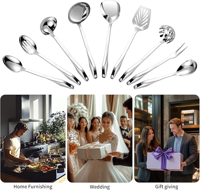 304 Stainless Steel Kitchen Utensil Set - 9pcs Cooking Utensils, Metal Kitchen Utensil Spatula Sets Cookware,High temperature resistance Kitchen Tool Set for Hanging Dishwasher Safe(Silver)