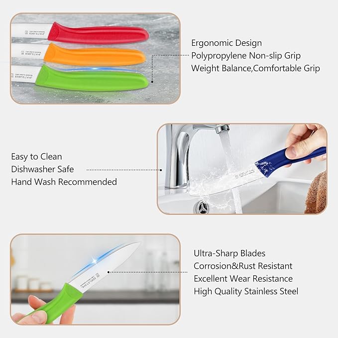 Paring Knife Set, Stainless Steel Paring Knives Set of 6,Sharp Vegetable&Fruit Knife,Small Kitchen Knife,Straight Edge Paring Knives,Ergonomic Handle Paring Knifes Set,Blue Peeling Knife