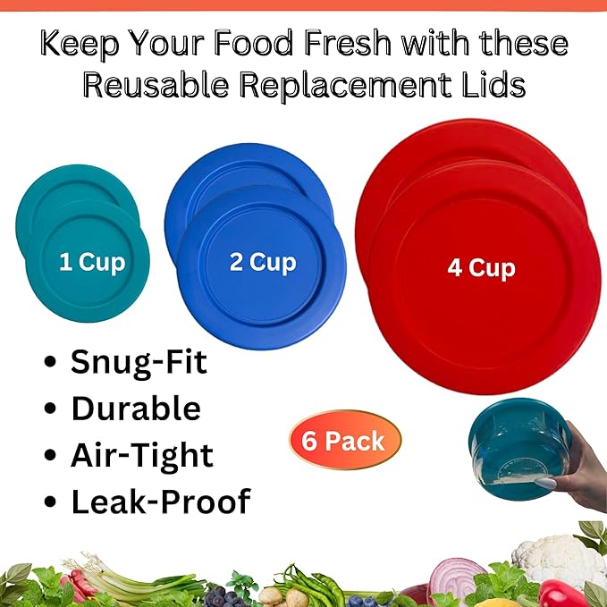 1, 2 & 4 Cup Turquoise, Blue, Red Replacement Lids/Covers for Pyrex, Anchor Hocking & KlareWare Storage Bowls *Lids Only Glass Container Not Included* (6 Pack *Two of Each Size*)