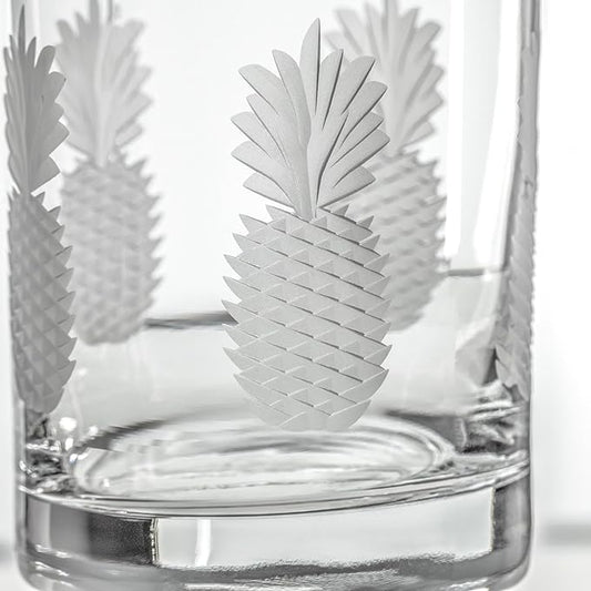 Rolf Glass Fresh Pineapple Double Old Fashioned Glass | 13oz Etched Whiskey Tumblers | Lead-Free and Diamond-Wheel Engraved | Made in the US | Tropical Etched Pineapple Design | Set of 4