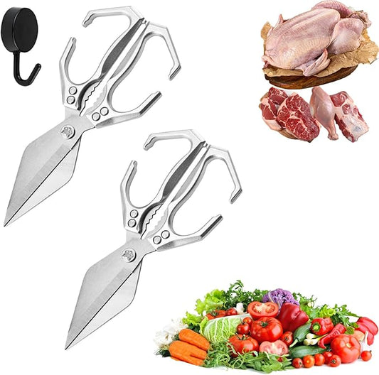 Seattleget Multifunctional Heavy-Duty Kitchen Shears, High-Carbon Steel 9.25" Multipurpose Kitchen Scissors for Chicken, Meat & Veggies, Ergonomic Non-Slip Handle, Built-in Nut Cracker (Silver*2)