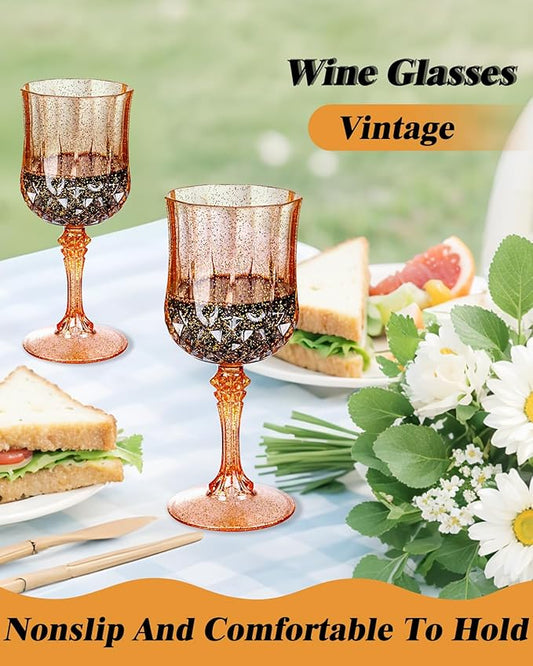 Ciaell 24PCS Rose Gold with Glitter Plastic Wine Glasses - 7 Oz Vintage Drinking Glasses with Rose Gold Glitter - Disposable Water Goblets Set for Party Wedding, Bar, Wine, Beer & Thanksgiving