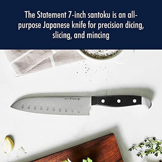 HENCKELS Statement Razor-Sharp Hollow Edge Santoku Knife 7-inch, German Engineered Informed by 100+ Years of Mastery, Black/Stainless Steel