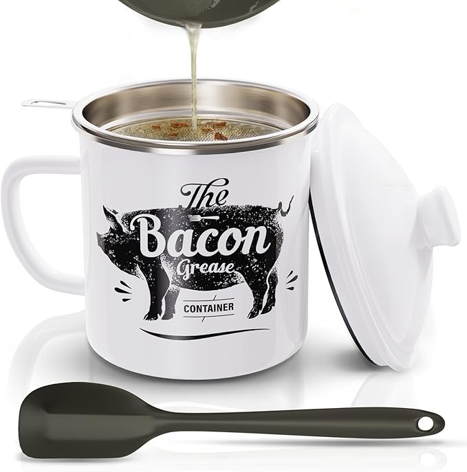 Bacon Grease Container With Strainer, 46OZ Large Enamel Grease Container, With Silicone Spatula, Farmhouse Bacon Grease Keeper, Cooking Oil Container For Kitchen Fat Storage, Dishwasher Safe-White