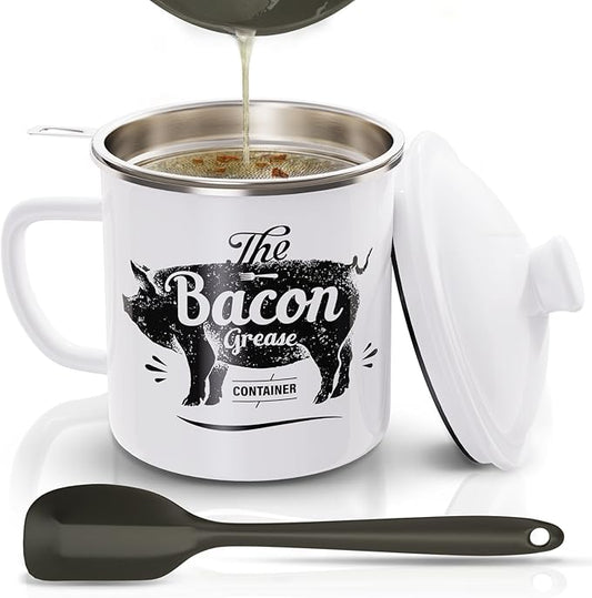 Bacon Grease Container With Strainer, 46OZ Large Enamel Grease Container, With Silicone Spatula, Farmhouse Bacon Grease Keeper, Cooking Oil Container For Kitchen Fat Storage, Dishwasher Safe-White
