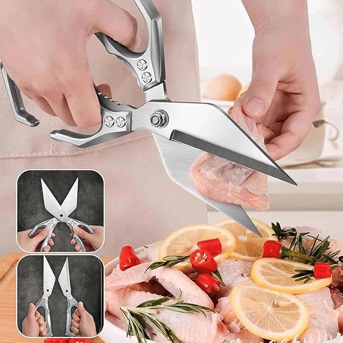 Seattleget Multifunctional Heavy-Duty Kitchen Shears, High-Carbon Steel 9.25" Multipurpose Kitchen Scissors for Chicken, Meat & Veggies, Ergonomic Non-Slip Handle, Built-in Nut Cracker (Black+Yellow)