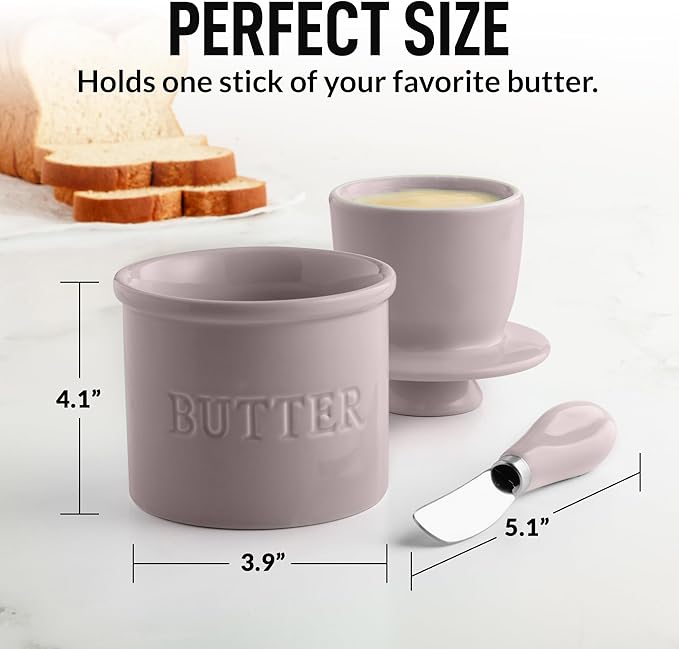 Zulay Kitchen Porcelain Butter Crock With Lid & Knife - Authentic French Butter Dish For Fresh & Spreadable Butter - Violet Dusk