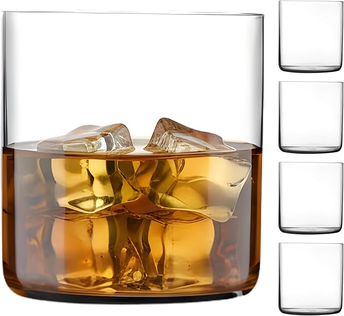 NUDE Whiskey Glasses Set of 4 DOF – 13.25 oz Premium Lead-Free Crystal Old Fashioned Rocks Glasses for Whisky, Scotch & Bourbon – Subtle Curved Base, Dishwasher Safe Barware