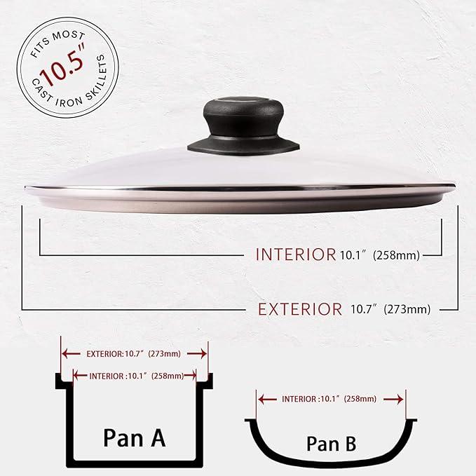 10.5 Inch Glass Lid for Frying Pan, Fry Pan Lid, Skillet Lid, Pan Lid with Handle, Compatible with 10-10.7 Inch Kitchen Cookware Tempered Replacement Cover, 10.5"/26cm, Clear