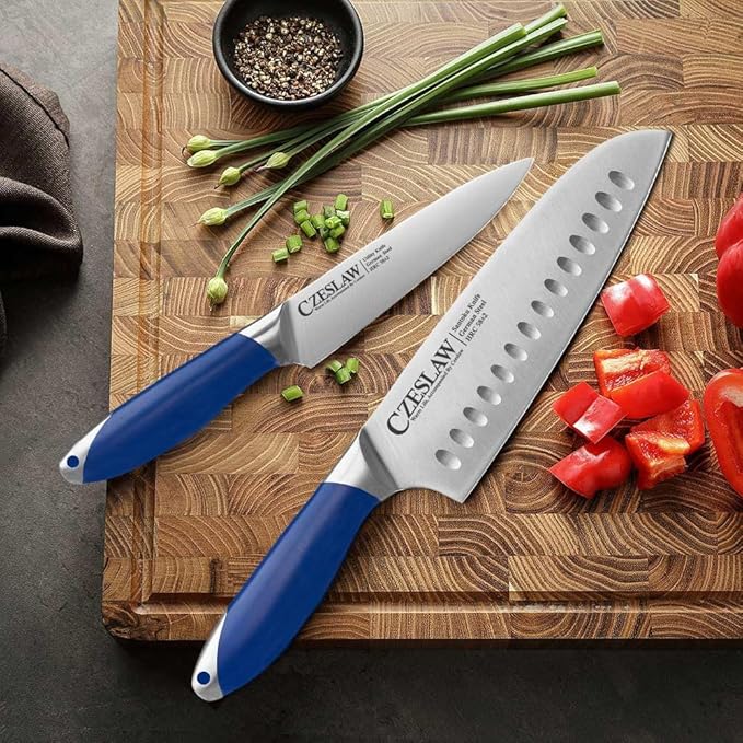 Santoku Knife 2pcs, Japanese 7" Chef Knife & 5" Vegetable Knife, Forged High Carbon German Steel, Full Tang & Razor Sharp, Ergonomic Prussia Blue Handle Design, cooking gifts cooks