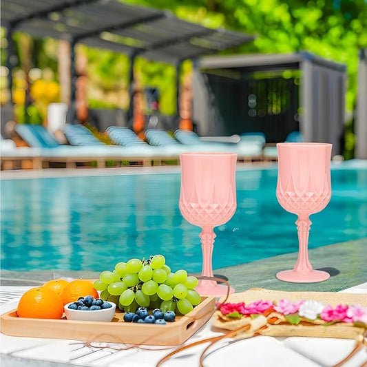 Plastic Vintage Wine Glasses 7OZ Plastic Goblets Vintage Drinking Glasses 24PCS Retro Wedding Glassware Water Goblets Reusable Drinking Cups for Party,Reception,Celebration,Bar,Whiskey(Light Pink)