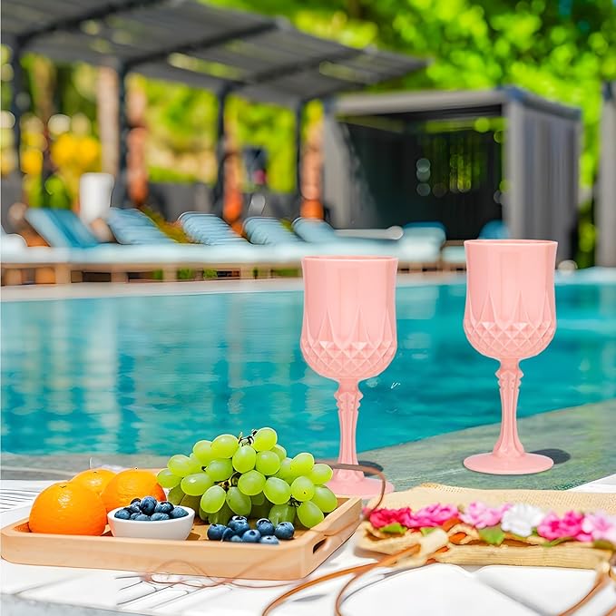 Plastic Vintage Wine Glasses 7OZ Plastic Goblets Vintage Drinking Glasses 12PCS Retro Wedding Glassware Water Goblets Reusable Drinking Cups for Party,Reception,Celebration,Bar,Whiskey(Light Pink)