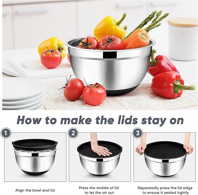 TeamFar Mixing Bowls with Lids Set, 7/3.5/2.5/1.5/1 QT, Stainless Steel Large Metal Salad Nesting Bowl, Non-Slip Silicone Bottom & Airtight Lid, Healthy & Deep - Set of 5(Black)