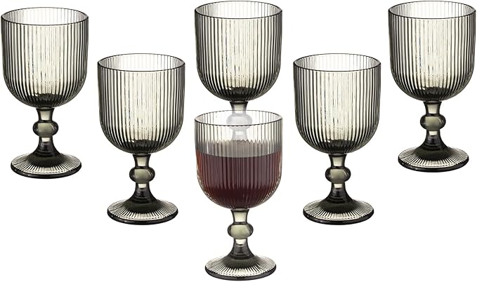 Vintage Wine Glasses Set of 6, 11 Ounces Colored Glass Water Goblets, Unique Embossed Pattern High Clear Stemmed Glassware Wedding Party Bar Glass Drinking Cups Fancy Glasses Vertical Line Grey